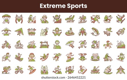 A vibrant collection of diverse extreme sports illustrations featuring various activities, showcasing energetic participants engaged in thrilling adventures.