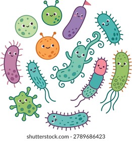 A vibrant collection of diverse, friendly cartoon bacteria and microbes with various shapes and colors, set against a white background.