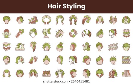 A vibrant collection of diverse hair styling illustrations showcasing various styles, colors, and textures. Ideal for creative projects in fashion and beauty.