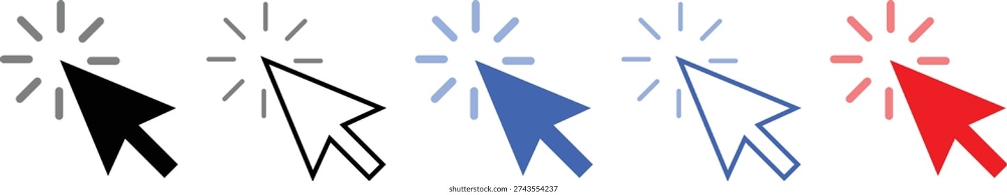 A vibrant collection of diverse mouse cursor icons with click for digital interaction.