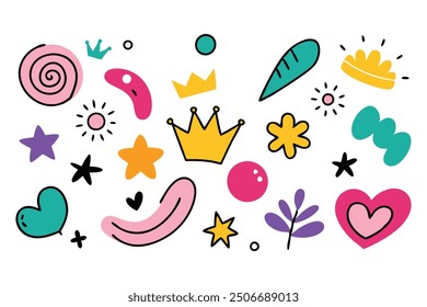 A vibrant collection of doodles featuring hearts, stars, and crowns in various colors, showcasing playful creativity vector illustration set on white background