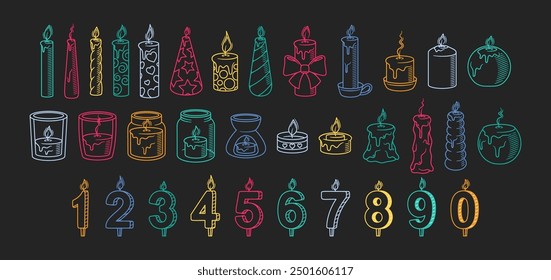 Vibrant Collection Of Doodle-style Candles Featuring Various Designs Alongside A Set Of Numbered Birthday Candles