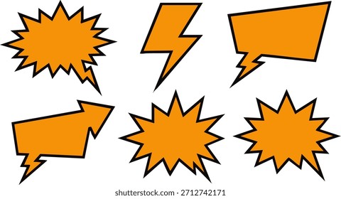 Vibrant collection of dynamic comic-style graphic elements, including orange speech bubbles, explosive starbursts, and a bold lightning bolt, perfect for impactful visual messaging