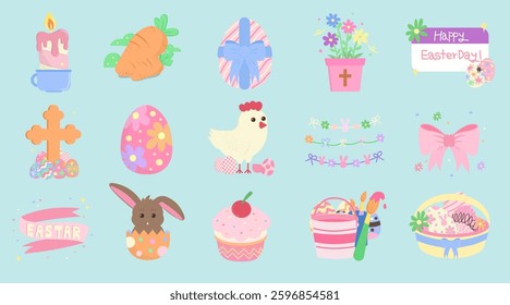 A vibrant collection of Easter theme vector illustrations showcasing festive elements like eggs, carrots, and flowers, perfect for spring celebrations.