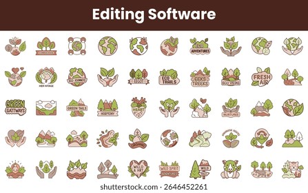 Una vibrante colección de Elementos de diseño de temática ecológica con plantas, paisajes y símbolos, perfecta para ilustrar conceptos ambientales y sostenibilidad.