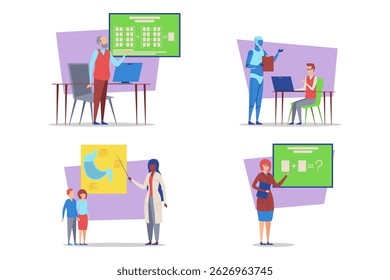 Vibrant collection of educational interactions with diverse individuals participating in various activities. Presentations, discussions, and collaborative learning moments