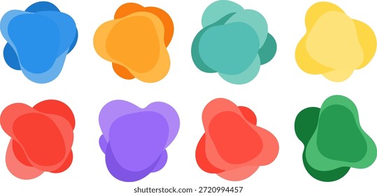 Una colección vibrante de ocho Formas líquidas abstractas, perfectas para el diseño digital moderno. Cada elemento presenta bordes redondeados, suaves y asimétricos en un estilo de Vector limpio. Las Formas utilizan capas de colores superpuestos, incluyendo azul brillante, naranja ocaso, rojo vivo, púrpura intenso, verde menta y amarillo soleado, creando profundidad y una estética suave y fluida. Presentados sobre un fondo blanco limpio con un espacio negativo equilibrado, estos blobs geométricos mínimos son ideales como Elementos de diseño modernos, Anuncios de Sitio web, fondos de redes sociales o superposiciones de interfaz de usuario, ofreciendo un aspecto dinámico y contemporáneo sin desorden de texturas o detalles.