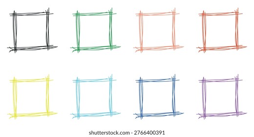 A vibrant collection of eight hand drawn scribble square frames in various colours providing excellent design elements for your projects