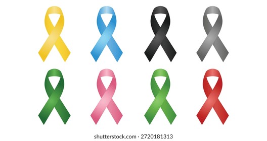 Uma coleção vibrante de oito fitas de reconhecimento multicoloridas, incluindo amarelo, azul, preto, cinza, verde, rosa e vermelho, contra um fundo branco. Esses símbolos representam solidariedade, apoio e defesa de várias condições de saúde e causas sociais em todo o mundo.
