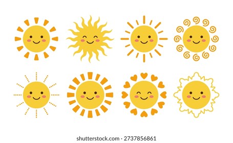 A vibrant collection of eight unique sun characters featuring various artistic ray styles such as hearts swirls dots and wavy lines. Each sun has a friendly smiling face with pink cheeks making them perfect for children educational materials summer themed decorations and cheerful graphics. The flat design style uses a bright palette of yellow and orange tones to convey warmth and joy.