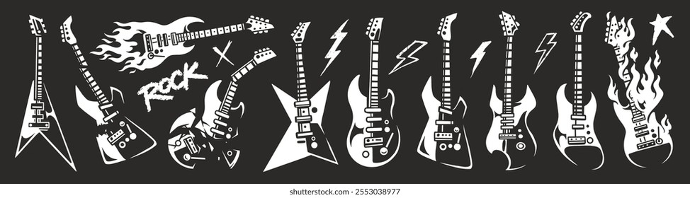 Una vibrante colección de guitarras eléctricas exhibidas en varios estilos rodeados de motivos musicales. El fondo negro realza las llamativas ilustraciones blancas que transmiten energía y creatividad.