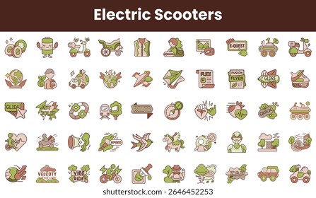 A vibrant collection of electric scooter-themed icons featuring various designs, symbols, and styles that represent eco-friendly transport and mobility solutions in a playful manner.