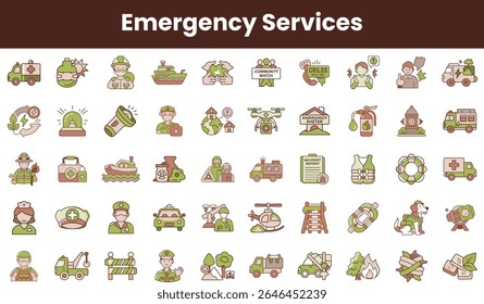 A vibrant collection of emergency services icons representing various roles including medical, firefighting, and community assistance, ideal for safety awareness campaigns.