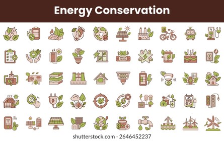 A vibrant collection of energy conservation icons featuring green themes, highlighting renewable energy sources and eco-friendly practices.