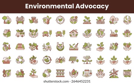 A vibrant collection of environmental advocacy icons featuring hands, plants, and symbols of sustainability, promoting eco-friendly practices and climate action.