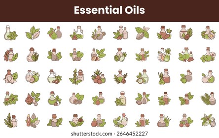 A vibrant collection of essential oil illustrations featuring various plants and bottles, showcasing the diverse range of nature's aromatic treasures.