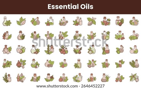 A vibrant collection of essential oil illustrations featuring various plants and bottles, showcasing the diverse range of nature's aromatic treasures.