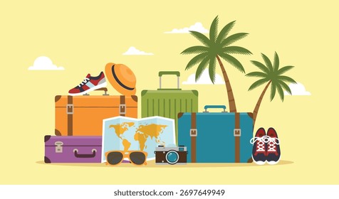 A vibrant collection of essential travel items for a tropical getaway, featuring colorful suitcases, a world map, and beach accessories under palm trees.