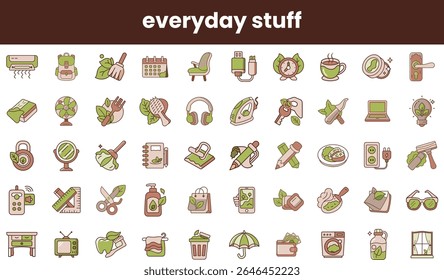 A vibrant collection of everyday icons in a minimalist design, featuring nature-inspired elements like leaves, showcasing items related to work, leisure, and home.