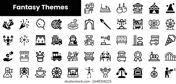 A vibrant collection of fantasy-themed icons in black and white, showcasing amusements like carnival rides, sweet treats, and playful activities.