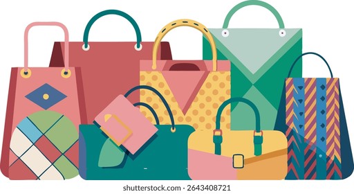 A vibrant collection of fashionable handbags and accessories, featuring diverse styles, sizes, and colors to suit every personality and occasion.