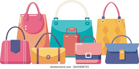 A vibrant collection of fashionable handbags and accessories, featuring diverse styles, sizes, and colors to suit every personality and occasion.