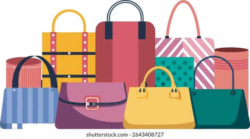 A vibrant collection of fashionable handbags and accessories, featuring diverse styles, sizes, and colors to suit every personality and occasion.