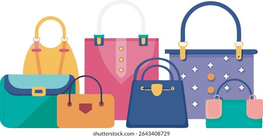 A vibrant collection of fashionable handbags and accessories, featuring diverse styles, sizes, and colors to suit every personality and occasion.