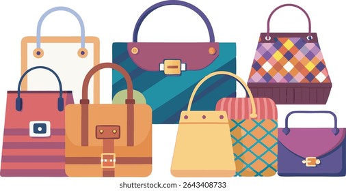 A vibrant collection of fashionable handbags and accessories, featuring diverse styles, sizes, and colors to suit every personality and occasion.