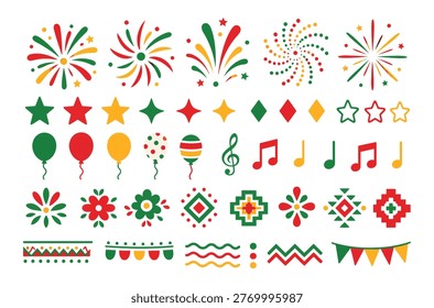A vibrant collection of festive elements including fireworks balloons flowers and musical notes