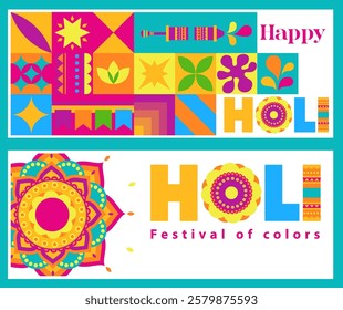 A vibrant collection of festive elements inspired by Holi in a square layout, featuring traditional Indian motifs and bright colors. This vector design is perfect for digital or print projects.