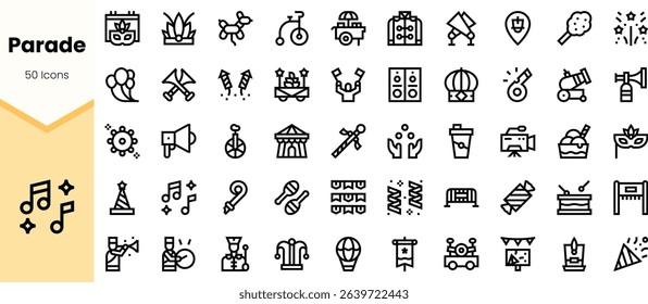 A vibrant collection of festive icons representing a parade theme, featuring elements like balloons, confetti, musical notes, and decorative floats.