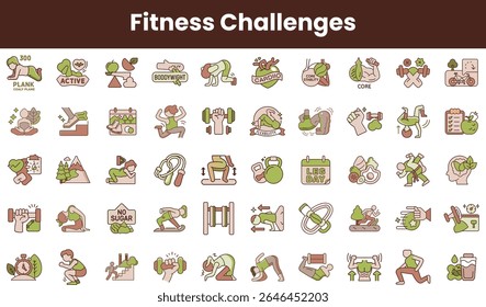 Uma coleção vibrante de ícones de desafio de fitness que mostram vários temas de treino, incluindo treinamento de força, cardio e flexibilidade. Adequado para um público focado na saúde.