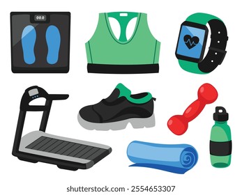 A vibrant collection of fitness equipment icons. Includes a treadmill, weights, sports bra, smartwatch, yoga mat and water bottle.