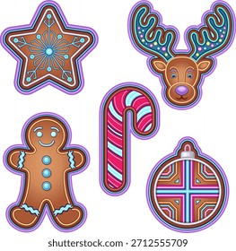 Vibrant collection of five cyber-inspired gingerbread icons in retro neon purple outlines: snowflake star, antlered reindeer face, candy cane, smiling gingerbread man, geometric patterned bauble