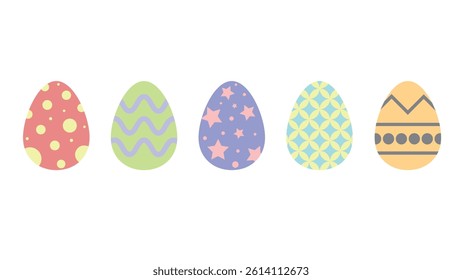 Vibrant collection of five Easter eggs illustrated with various patterns in pastel colors. Perfect for celebrating Easter, springtime decorations, and festive design projects.
