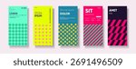 A vibrant collection of five modern poster designs featuring bold typography and geometric patterns. Each poster showcases a unique color scheme and layout, perfect for events, exhibitions