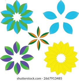 A vibrant collection of five stylized, abstract floral designs in various colors and petal counts, set against a clean white background. Perfect for decorative elements.