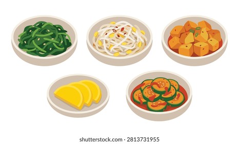 A vibrant collection of five traditional Korean banchan side dishes, including spinach, bean sprouts, seasoned potatoes, pickled radish, and spicy cucumber.