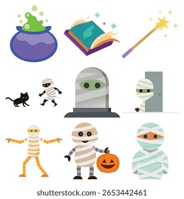 Uma coleção vibrante de ícones de design plano Halloween com múmias, um gato preto, um caldeirão, um livro mágico, uma varinha e uma lápide.