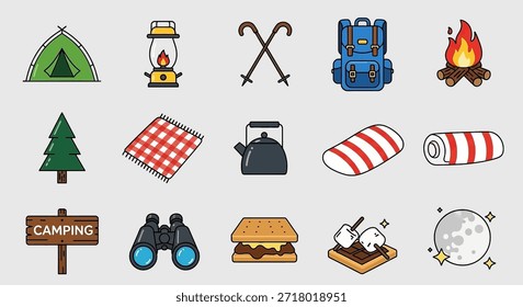A vibrant collection of flat design icons depicting essential camping and outdoor adventure gear, including a tent, campfire, backpack, binoculars, and delicious s'mores.