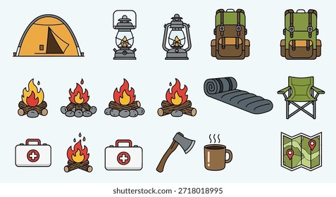 Eine lebendige Kollektion von flachen Design-Symbolen, die wichtige Camping- und Outdoor-Abenteuerausrüstung darstellen, darunter ein Zelt, Laternen, Rucksäcke, Lagerfeuer, einen Schlafsack und Erste-Hilfe-Kits.
