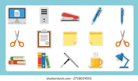 A vibrant collection of flat design icons showcasing essential office supplies, school items, and technology tools including a computer, stapler, pens, scissors, books, and a coffee cup, arranged neatly.