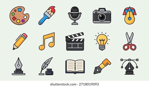 A vibrant collection of flat design icons representing creative tools and artistic instruments, including a paint palette, brush, microphone, camera, lightbulb, scissors, pencil, music note, clapperboard, and pens.