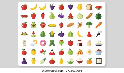 A vibrant collection of flat design icons featuring a wide variety of fruits, vegetables, baked goods, and other food items, arranged neatly on a white background.