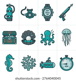 A vibrant collection of flat design icons showcasing diverse underwater themes, including essential scuba diving equipment, fascinating marine life, and deep-sea exploration vehicles.