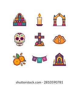 A vibrant collection of flat design icons representing elements of the Mexican Day of the Dead celebration including skulls candles altars and food
