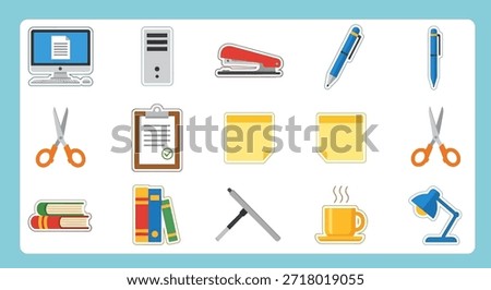 A vibrant collection of flat design icons showcasing essential office supplies, school items, and technology tools including a computer, stapler, pens, scissors, books, and a coffee cup, arranged neatly.