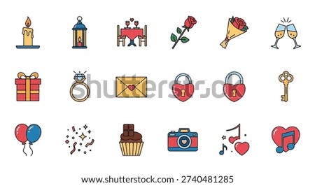 A vibrant collection of flat design icons representing love, romance, celebrations, and special occasions, including items like candles, roses, rings, gifts, and musical elements.