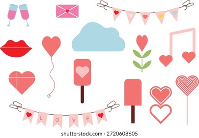 Una vibrante colección de ilustraciones de diseño plano e íconos adecuados para el Día de San Valentín, romance y temas de celebración. El conjunto incluye símbolos clásicos como labios rojos, globos de corazón, un Anuncio 'LOVE', flautas de champán tintineando, una piruleta en forma de corazón y un sobre de carta de amor. Los Elementos adicionales incluyen una caja de regalo en forma de corazón, notas musicales con corazones, una flor de corazón y un Anuncio decorativo, todo renderizado en una paleta de colores suaves de rosa, rojo y azul claro, perfecto para tarjetas de felicitación, invitaciones o medios digitales.